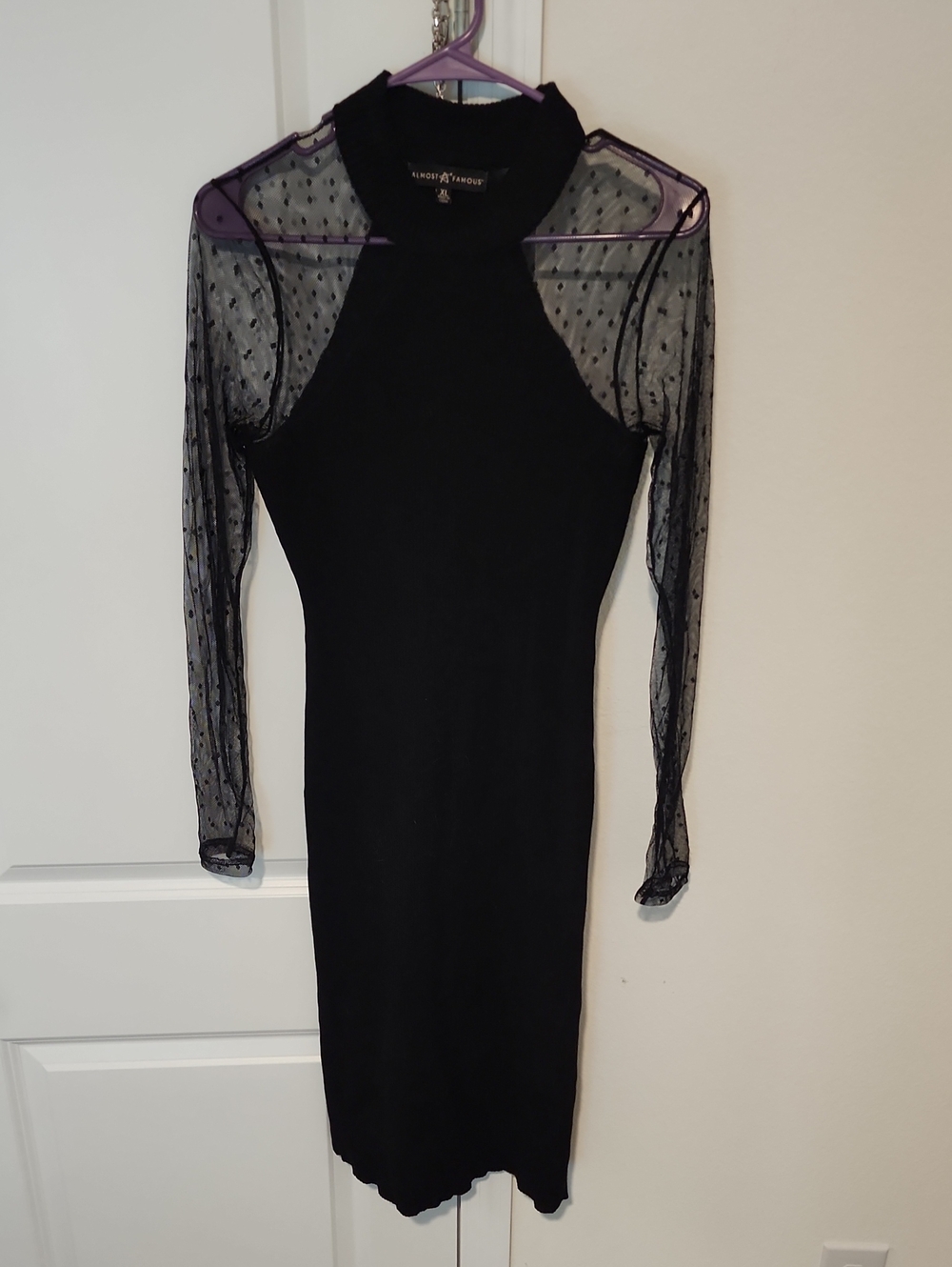 Almost Famous Black Sheer Dot Long Sleeve Bodycon Dress